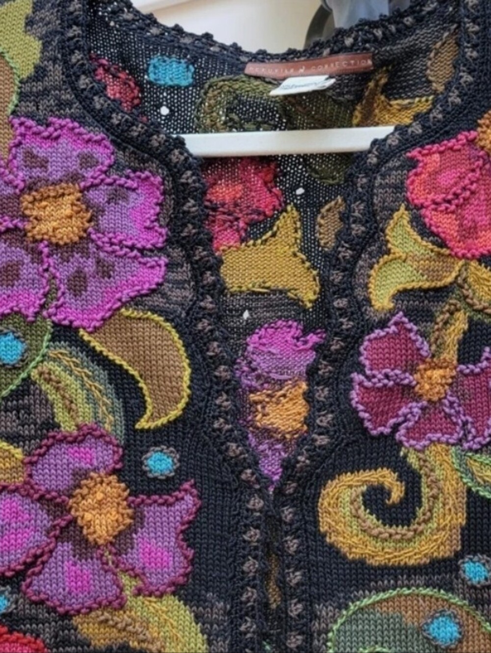 Peruvian Connection art knit handmade pima cotton cardigan XL floral Peru - Picture 15 of 16